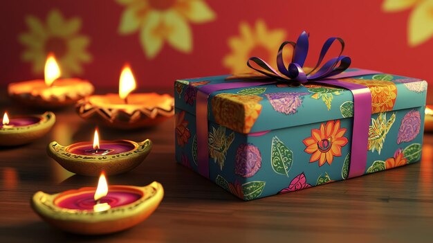 How Handmade Gifts Add a Personal Touch to Festivitie 2 Colorful gift box with ribbon surrounded by lit Diwali oil lamps on a table.