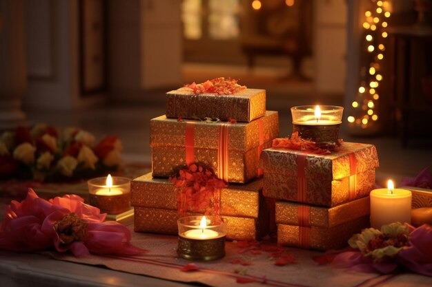 How Handmade Gifts Add a Personal Touch to Festivitie 3 Decorative Diwali gift boxes with candles and festive lights in warm ambiance