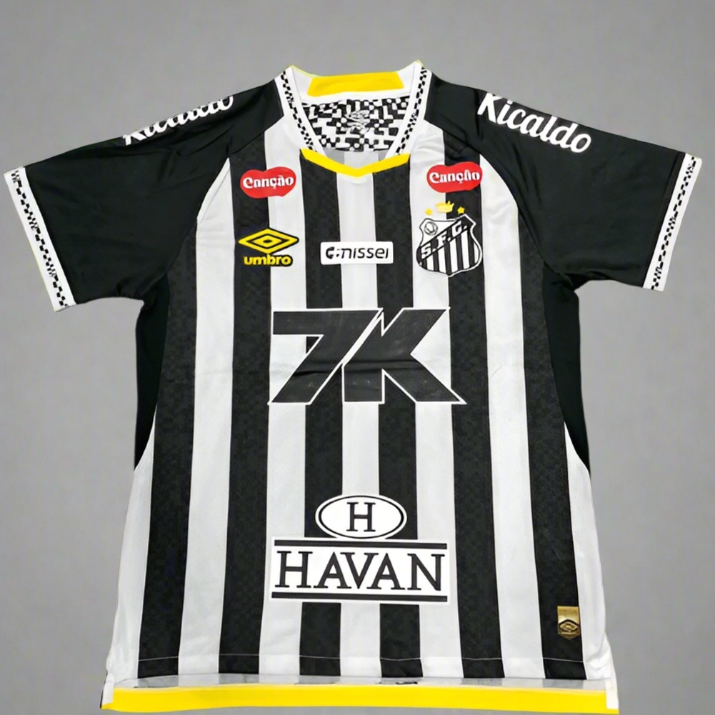 Santos FC 2025–26 away jersey with black-white stripes and sponsor logos.