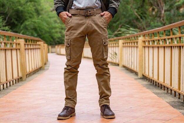 Perfect Outfit Ideas for Multi-Pocket Trousers 3 Man standing on walkway wearing brown cargo pants and boots, hands in pockets, showcasing casual outdoor fashion style.