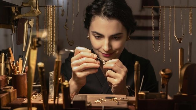 How Innovation Is Making Fine Jewelry More Accessible 2 Female jeweler carefully crafting gold jewelry at a workshop table.