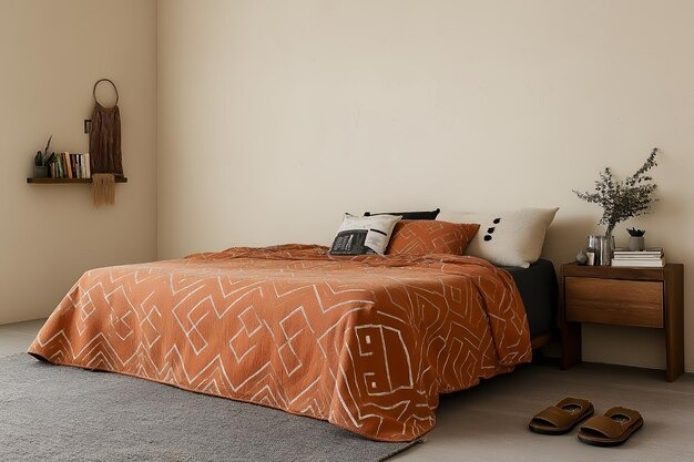 Minimalist bedroom with orange patterned bedspread, wooden nightstand, and neutral decor.