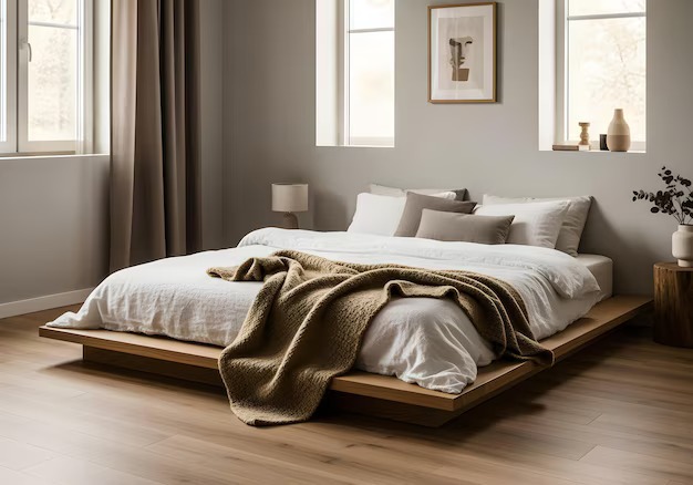 Modern bedroom with low wooden bed, white bedding, soft lighting, and warm neutral tones.

